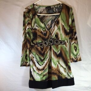 New Directions Green Brown Abstract Print V-Neck Embellished Tunic Top